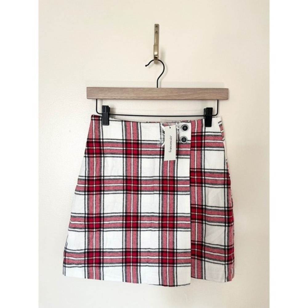 Francesca's‎ NWT Blu Rain Plaid Faux Wrap Mini Skirt Red White Side Zipper | XS